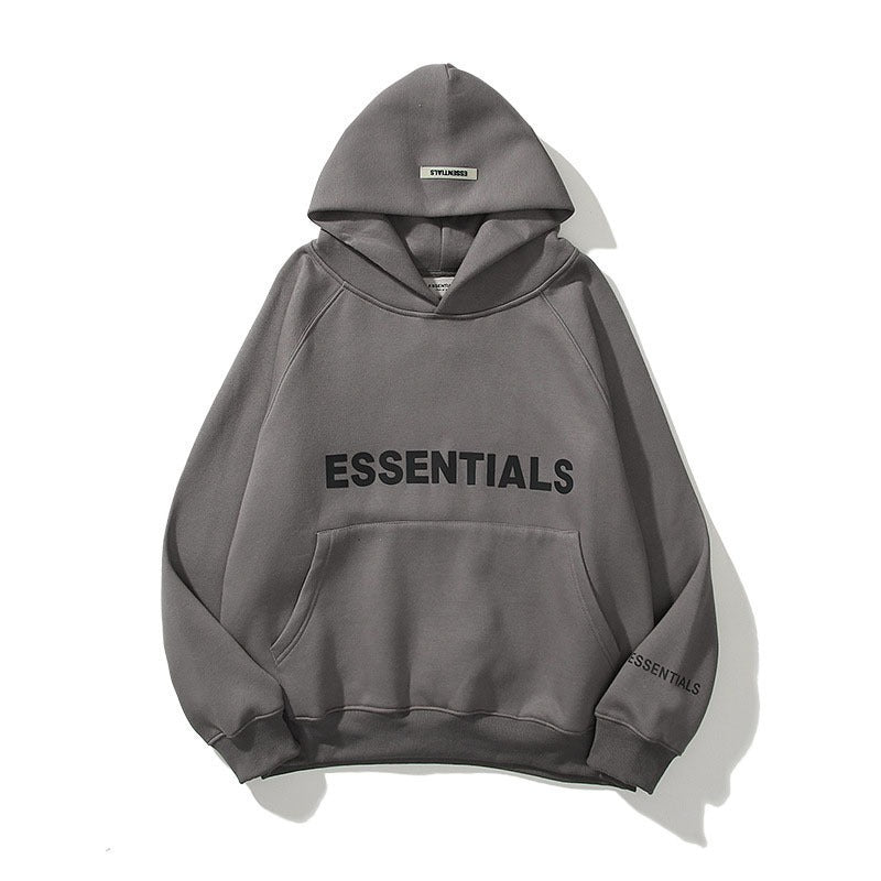 Cozy grey Essentials Oversized Fleece Hooded Sweatshirt with bold brand logo against a plain white background.