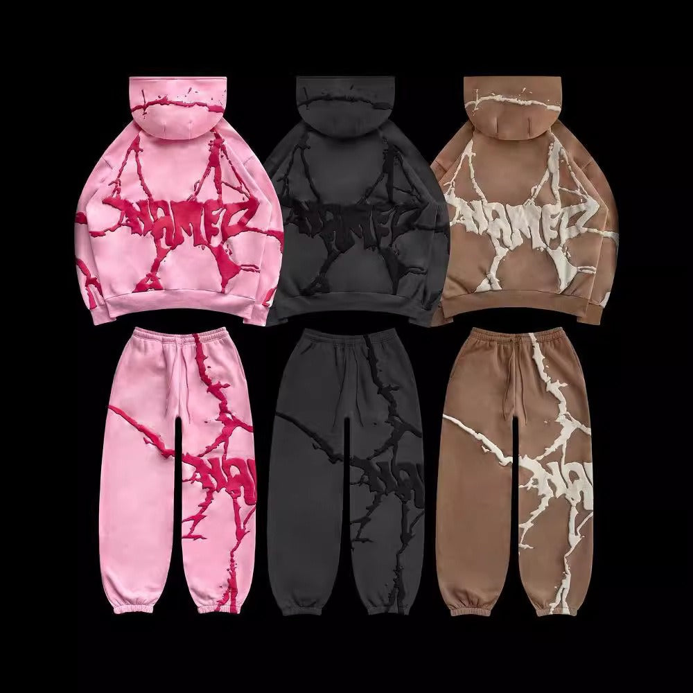 Plush foam printed three color hoodie set