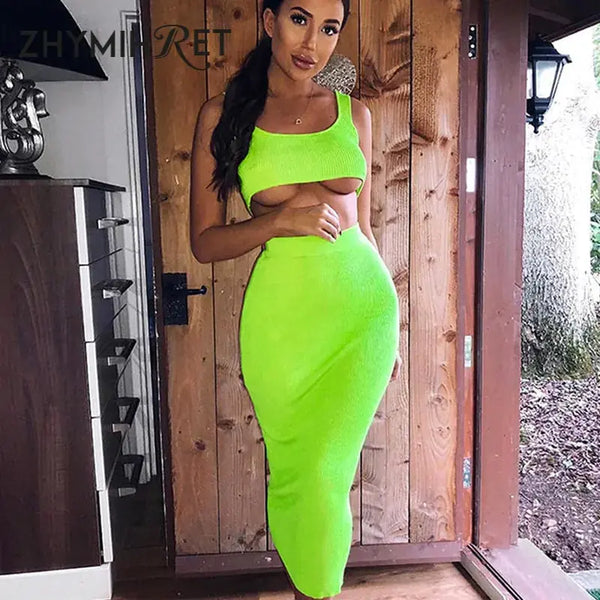 Neon Color Sexy Ribbed Dress Set - HCDSHOP