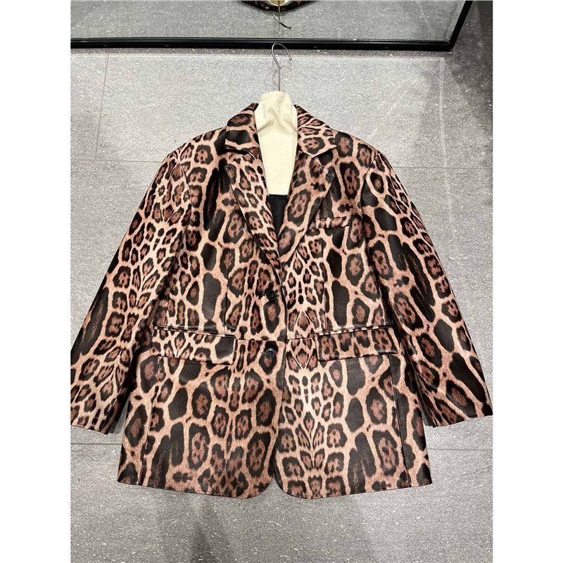 Explosive leopard print fashion genuine leather sheepskin high-end feeling slim fit suit design sense loose and versatile top