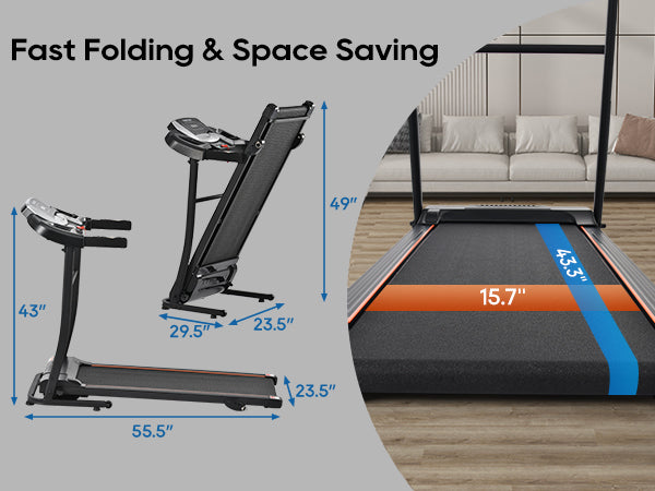 Home folding treadmill with pulse sensor, 2.5-horsepower silent brushless motor, 3-level tilt, 12 preset programs