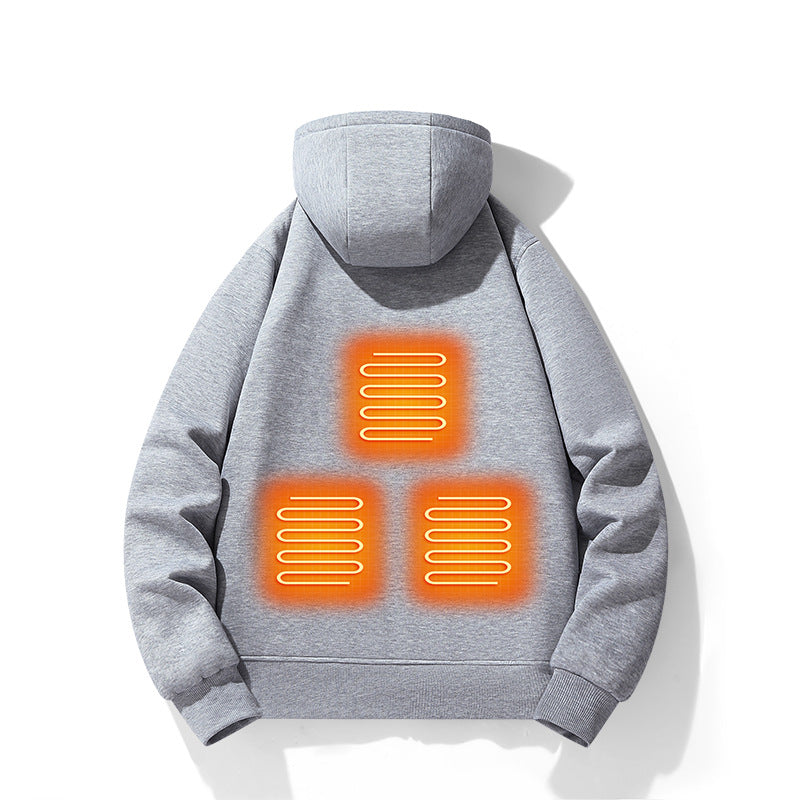 Sleek and cozy electric heating hoodie with intelligent five-zone heating system for optimal warmth and comfort during outdoor activities.