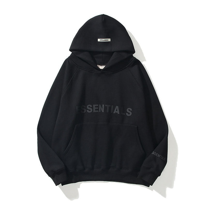 Cozy and stylish black Essentials Oversized Fleece Hooded Sweatshirt with minimal "SENTIA.S" branding. Showcased against a plain white background, this comfortable pullover hoodie from the eprolo brand offers a relaxed, casual look perfect for everyday wear.