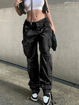 Button Low Waist Women's Cargo and Denim Pants - HCDSHOP