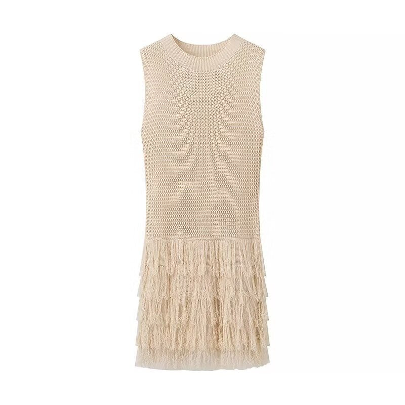 knitted vest skirt with tassel decoration sleeveless round neck hollow out short skirt