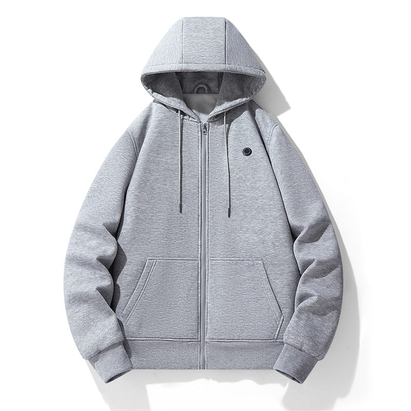 Stylish gray hooded jacket with zipper closure, perfect for outdoor activities and keeping warm. The jacket features a cozy fleece lining and drawstring hood for added comfort and protection.