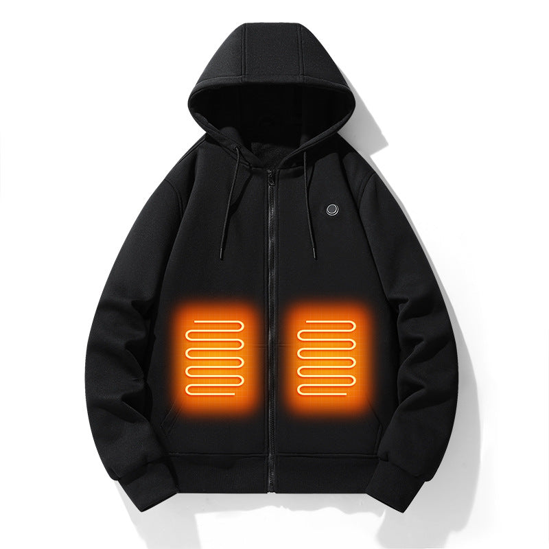 Sleek heated hoodie with intelligent five-zone temperature control for men's outdoor warmth and comfort.