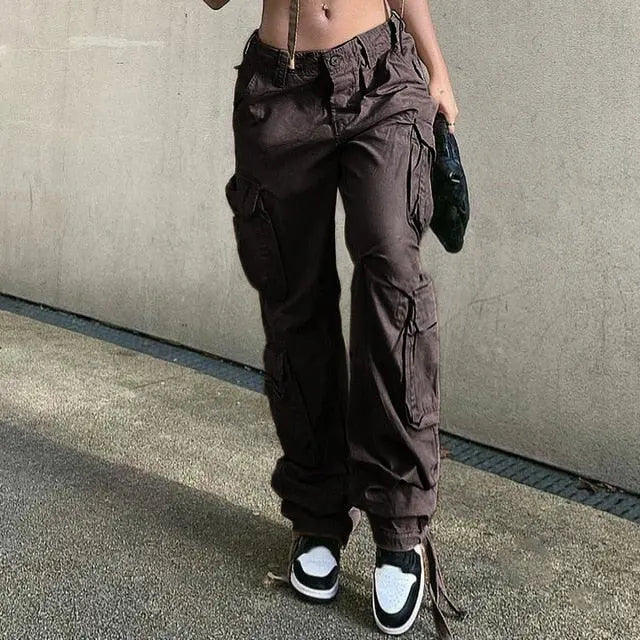 Button Low Waist Women's Cargo and Denim Pants - HCDSHOP