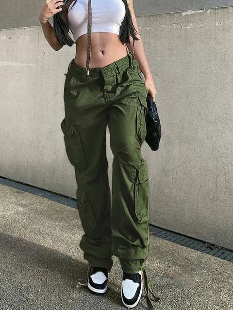 Button Low Waist Women's Cargo and Denim Pants - HCDSHOP