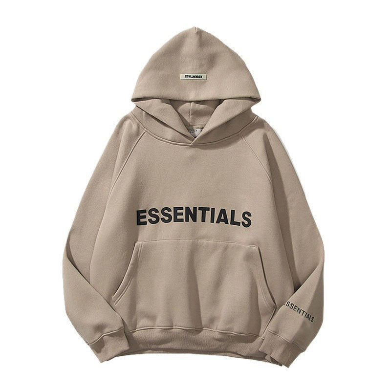 Cozy beige Essentials oversized fleece hooded sweatshirt with printed brand logo, ideal for casual and comfortable wear.