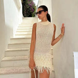 knitted vest skirt with tassel decoration sleeveless round neck hollow out short skirt