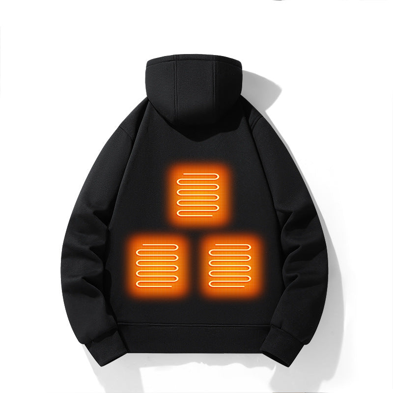 Warm and comfortable electric heating hoodie with multiple heating zones for outdoor activities. Sleek black design with an adjustable hood and intelligent heating controls.