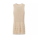 knitted vest skirt with tassel decoration sleeveless round neck hollow out short skirt