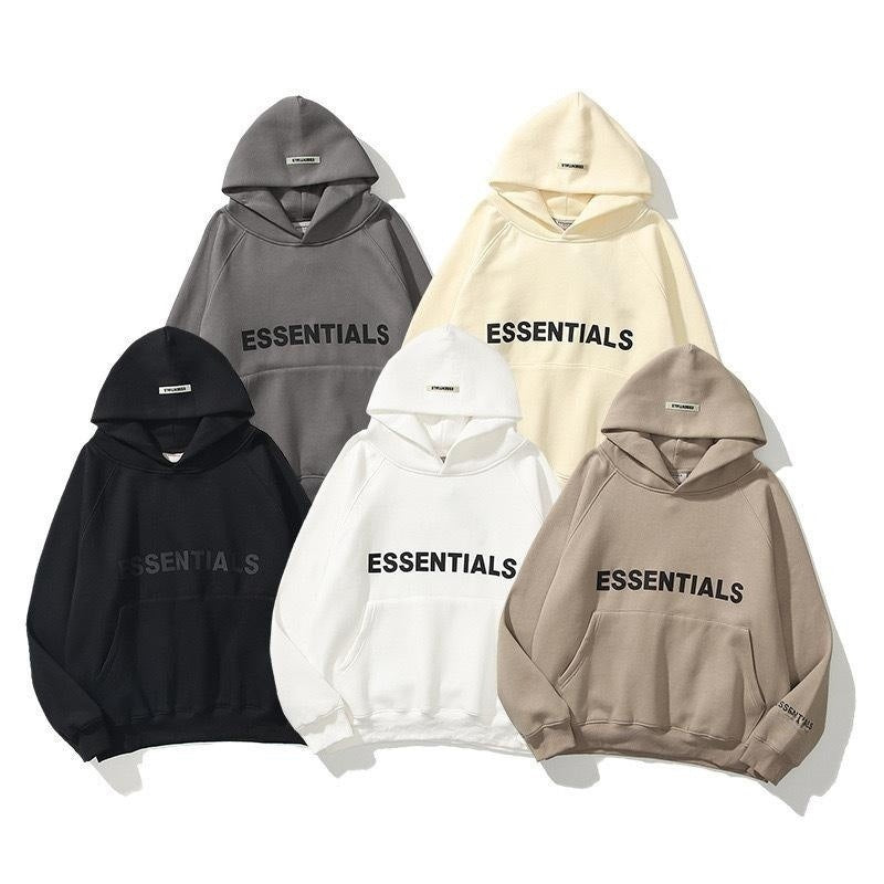 Essentials Oversized Fleece Hooded Sweatshirts in various neutral colors, including gray, beige, black, and brown, displayed on a white background.