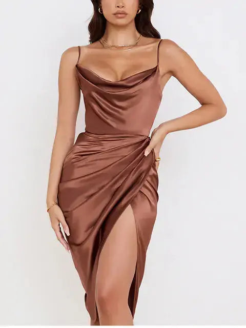 Midi Satin Dress Split Adjustable Strap - HCDSHOP