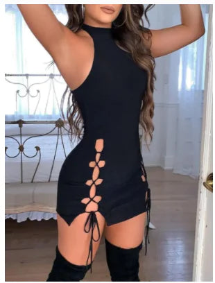 Solid Black Lace-Up Mini Club Dress - HCDSHOP