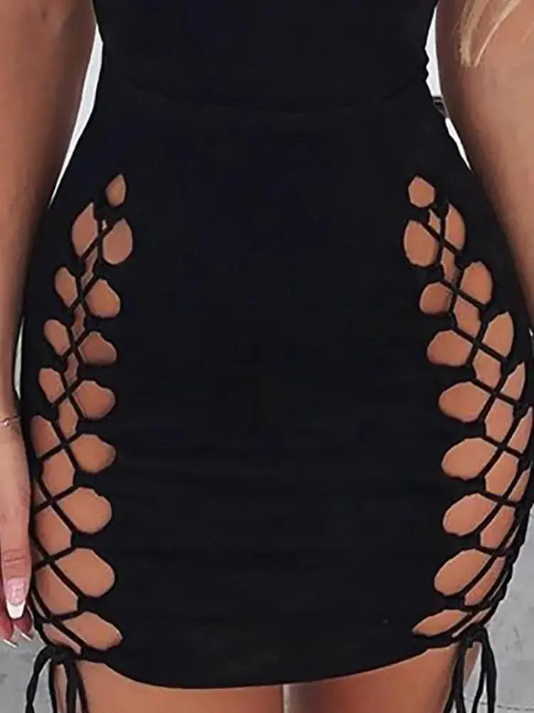 Solid Black Lace-Up Mini Club Dress - HCDSHOP