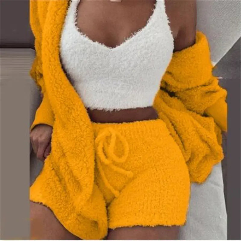 Women's Sexy Fuzzy 3 Piece Outfits Fleece Fluffy Warm Hooded Cardigan Crop Top Shorts Set Pajamas Lounge Sets Loungewear - HCDSHOP