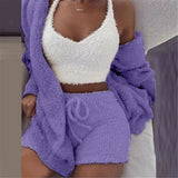 Women's Sexy Fuzzy 3 Piece Outfits Fleece Fluffy Warm Hooded Cardigan Crop Top Shorts Set Pajamas Lounge Sets Loungewear - HCDSHOP