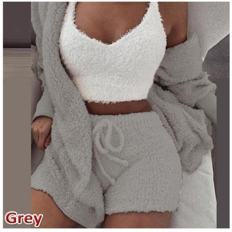 Women's Sexy Fuzzy 3 Piece Outfits Fleece Fluffy Warm Hooded Cardigan Crop Top Shorts Set Pajamas Lounge Sets Loungewear