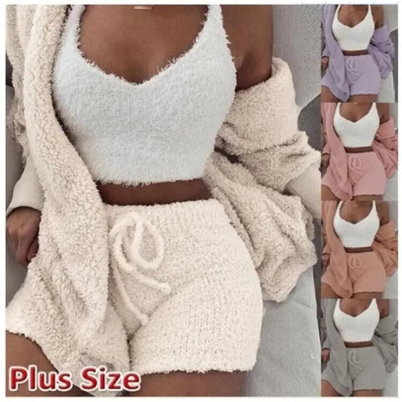 Women's Sexy Fuzzy 3 Piece Outfits Fleece Fluffy Warm Hooded Cardigan Crop Top Shorts Set Pajamas Lounge Sets Loungewear - HCDSHOP