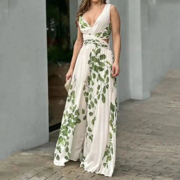 Women Summer Leaf Print Midi Dress - HCDSHOP