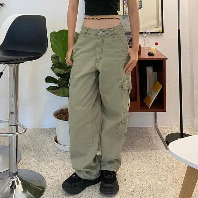 Button Low Waist Women's Cargo and Denim Pants - HCDSHOP