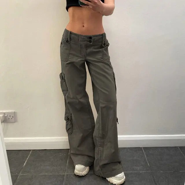 Button Low Waist Women's Cargo and Denim Pants - HCDSHOP