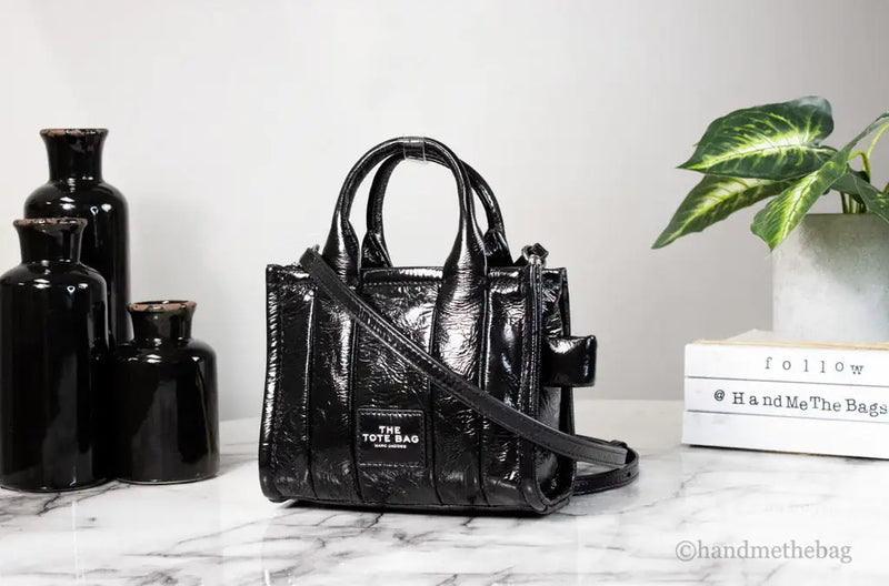 Marc Jacobs The Shiny Crinkle Micro Black Leather Tote