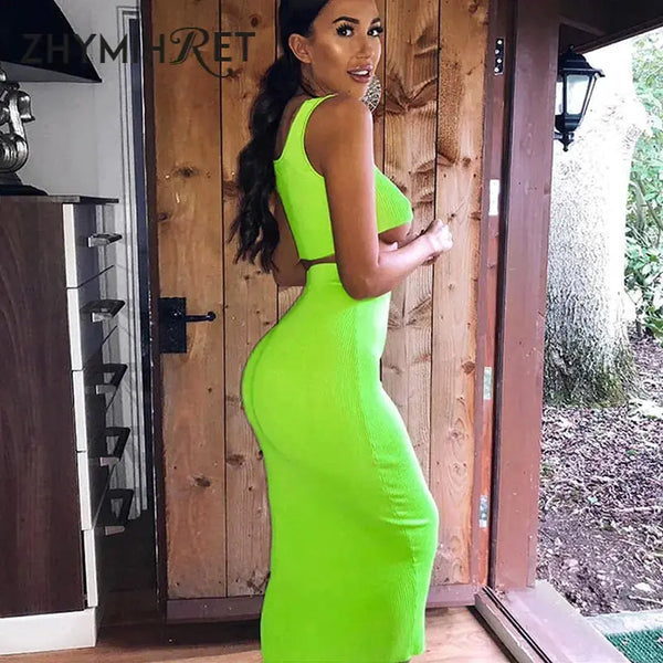 Neon Color Sexy Ribbed Dress Set - HCDSHOP