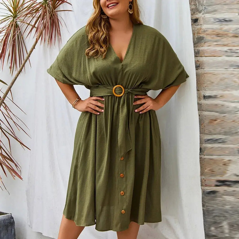 Plus Size Dress Full Sleeve V Neck - HCDSHOP