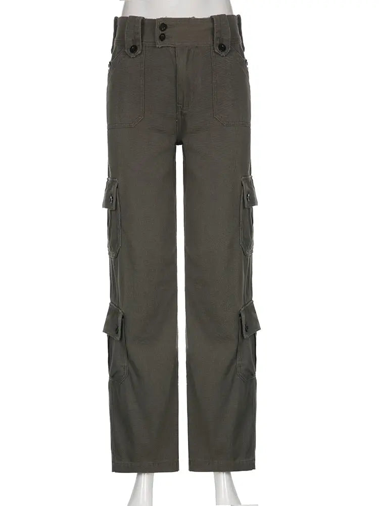 Button Low Waist Women's Cargo and Denim Pants - HCDSHOP