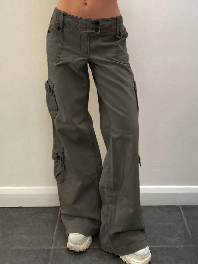 Button Low Waist Women's Cargo and Denim Pants - HCDSHOP