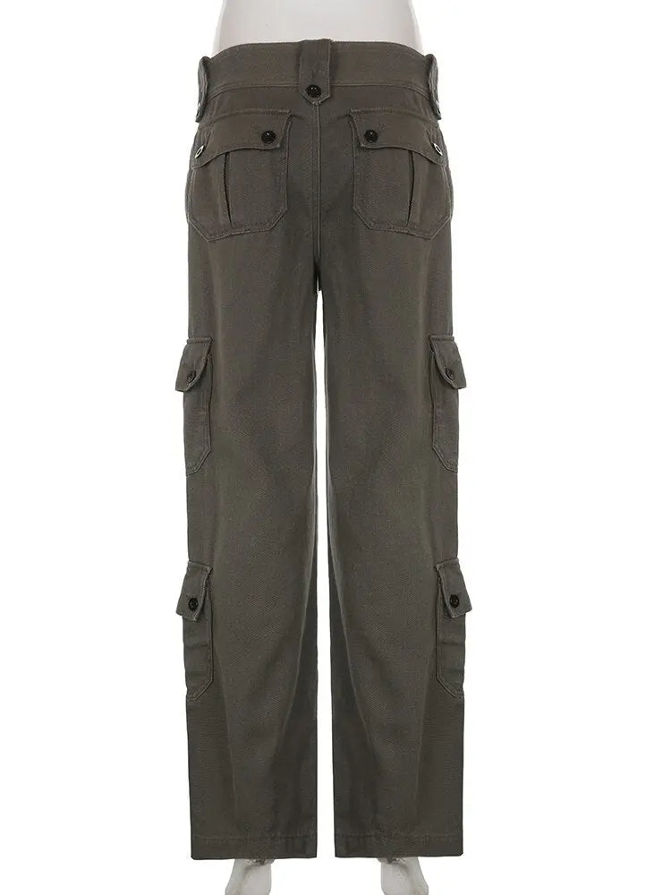 Button Low Waist Women's Cargo and Denim Pants - HCDSHOP